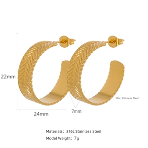 Gold C-shape 316L stainless steel earrings with V-shaped embossed texture design