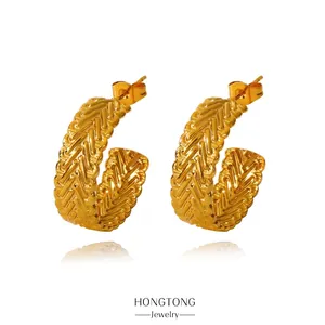 Stainless Steel Hoop Earrings Gold Plated C-Shaped Woven Wheat Pattern Textured Retro Fashion Jewelry Earrings For Women