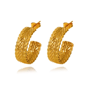 18k gold plated stainless steel C-shaped twist hoop earrings with textured wheat pattern
