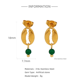 Detail of 18k gold stainless steel shell earrings with green stone and 18mm height dimension