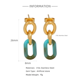 Détail des boucles d'oreilles en pierre marbre vert foncé et acier plaqué or 18k