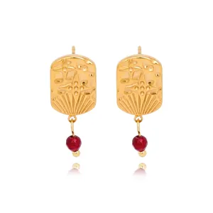 Vintage 316L Stainless Steel Earrings For Women Gold Plated Sunburst Star Pattern Dangle Earrings With Artificial Stone