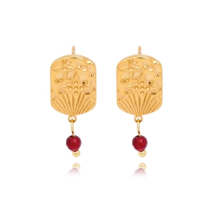 Vintage 18k gold plated stainless steel star embossed earrings with red gemstone charms