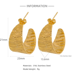 Detailed size specifications of C-shaped 316L stainless steel leaf earrings with dimensions