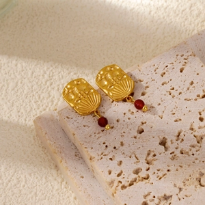 Retro 18k gold plated rectangle earrings with sunburst texture and red bead pendant