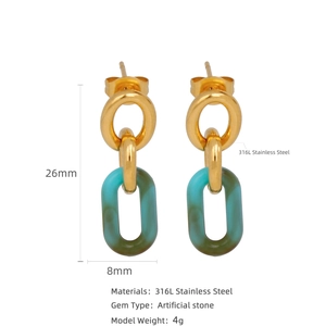 Boucles d'oreilles en acier inoxydable doré 18k avec pendentif acrylique vert marbré