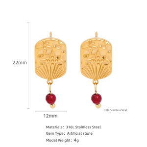 18K gold plated stainless steel rectangle earrings with starburst and red bead charms