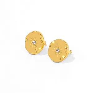 Boucles d'Oreilles Clous Vintage en Acier Inoxydable Plaqué Or 18K Rayon d'Étoile pour Femmes Texture Miroir Ronde Martelée Bijoux avec Strass