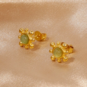 Boucles d'oreilles en acier inoxydable doré 18 carats avec émeraude verte style soleil