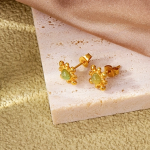 Boucles d'oreilles rétro en acier inoxydable doré 18k avec pierres vertes et motif soleil