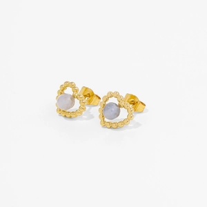 Boucles d'oreilles cœur en or exquises avec pierre bleue incrustée et perles dorées