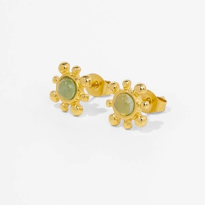 Boucles d'oreilles vintage en or 18 carats avec motif soleil et pierre précieuse verte
