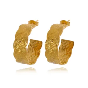 Vintage 18K Gold Plated Stainless Steel Hoop Earrings For Women French Minimalist Braided Leaf Pattern C Shape Jewelry Gift