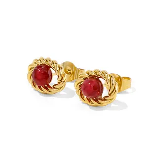Vintage 316L Stainless Steel Gold Plated Stud Earrings For Women With Zirconia Artificial Stone Floral Heart Earrings