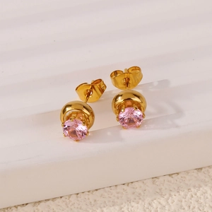 Detail of pink crystal stud earrings with gold plating and butterfly backings