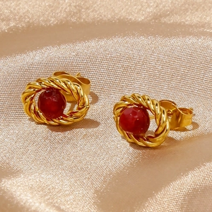 Elegant 18k gold plated stud earrings with red ruby stone in vintage twisted metal design
