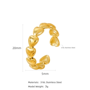 316L stainless steel ring with continuous 18k gold heart patterns and size dimensions
