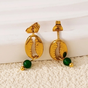 18k gold plated hollow oval earrings with dark green acrylic bead pendants on white display