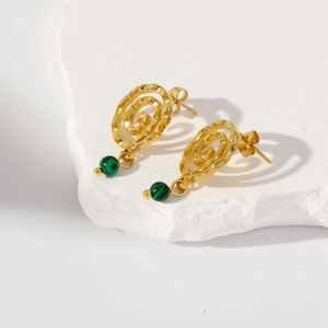Detail of 18k gold stainless steel spiral earrings with green malachite stone pendants