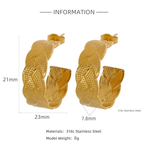 Detailed size specifications for 18K gold braided leaf 316L stainless steel hoop earrings