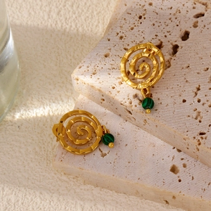 18k gold plated stainless steel spiral swirl earrings with green malachite pendant