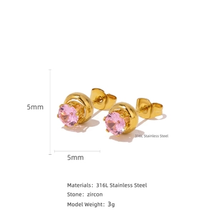 Detailed view of 5mm 316L stainless steel stud earrings with pink zircon in gold setting