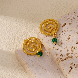Vintage 18k gold stainless steel spiral earrings with green malachite beads on stone decor