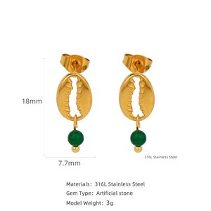 18k gold plated 316L stainless steel shell earrings with green artificial stones