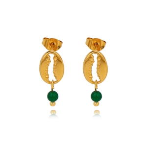 18k gold plated stainless steel shell earrings with green acrylic bead pendants