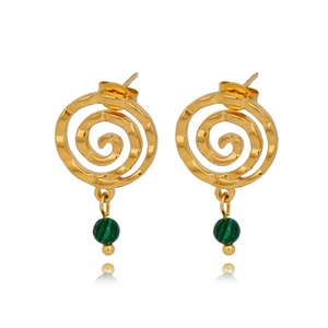 18k gold plated spiral earrings with vintage malachite green beads on white background