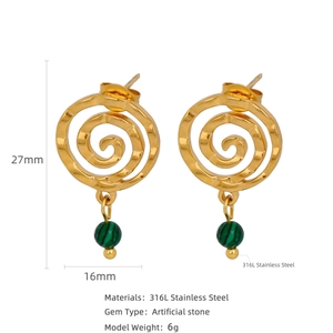 18k gold-plated 316L stainless steel spiral earrings with green faux stone beads