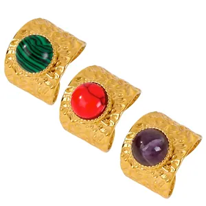 Retro Stainless Steel 18K Gold Plated Wide Open Ring Women Hammered Texture Zirconia Inlaid Geometric Finger Ring Jewelry