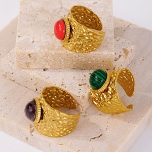 Retro 18K gold hammered open ring with turquoise and malachite stones in boho style