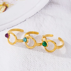 Minimalist 18K gold adjustable open ring set featuring purple, blue, and green gemstones