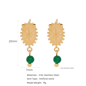 Pendientes de girasol retro con gema de esmeralda y acero inoxidable 316L acabado oro