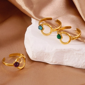 Three-piece set of 18K gold-plated adjustable open rings with colorful oval gemstones