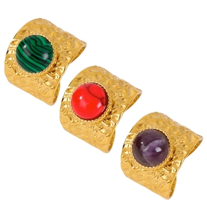 Retro 18K gold-plated wide open rings featuring malachite and turquoise insets