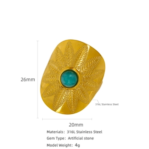 Bague vintage en acier inoxydable avec gravure de feuilles et pierre turquoise