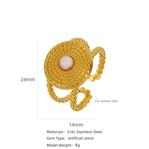 Golden 316L stainless steel C-shape ring with wave texture and white stone inlay