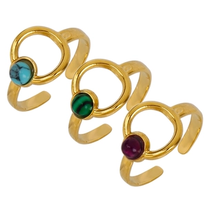 Minimalist 18K gold plated open rings with hollow circle design and natural stone inlays