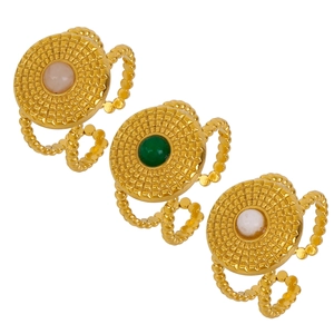 Three-piece gold adjustable C-shape rings set with colorful gemstones and coin relief