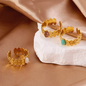 Retro 18K gold stainless steel adjustable rings with green turquoise and oval gemstones