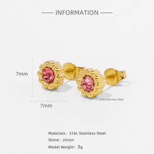 Macro detail of sunflower gold earrings with pink zircon and 316L stainless steel studs