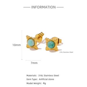 Golden 316L stainless steel four-point star earrings with emerald green gemstones