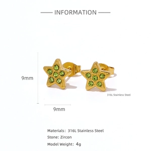 Sternförmige Ohrstecker aus goldenem Edelstahl mit grünen Zirkonia-Steinen, 9mm