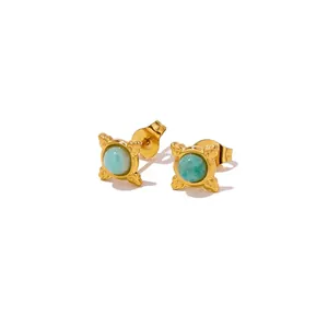 Vintage Stainless Steel Stud Earrings Gold Plated Geometric Round Heart Flower Artificial Stone Zircon Delicate Studs For Women Daily Jewelry
