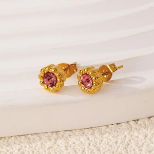 French 18k gold plated stainless steel sunflower earrings with pink zircon stone inlay