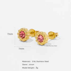 18k gold plated 316L stainless steel sunflower stud earrings with pink zircon stone