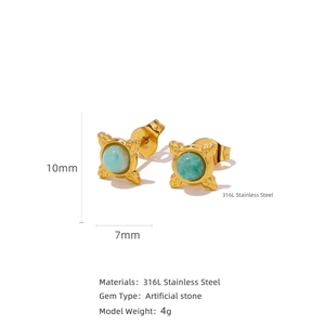 Detail showing 316L stainless steel vintage stud earrings with emerald-green stones