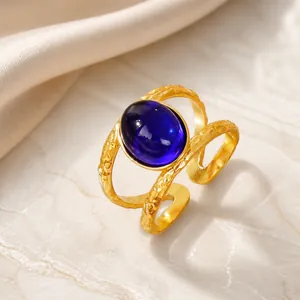 Vintage 18K Gold Plated 316L Stainless Steel Adjustable Ring With Blue Zircon Gemstone Hammered Texture For Women Jewelry